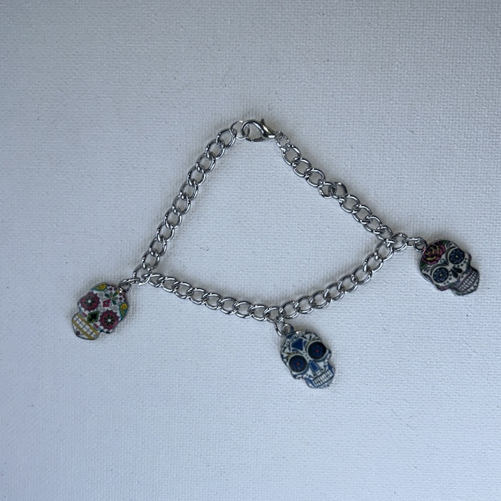 Handmade Sugar Skulls Halloween Party Day of Dead Stainless Steel Bracelet Boho